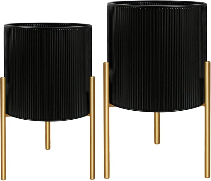 ARNIS Modern Plant Pots, Set of 2 Round Large Planters with Stand, Large Size Metal Pots with Drainage Holes for Living Room, Office, Garden or Balcony, 10.5 &12.25 Inch, Black & Gold
