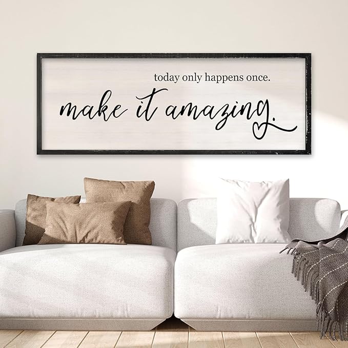 RLWangChao Today Only Happens Once Make It Amazing Wall Art Decor 40x15 Inch Large Inspirational Quote Sign Rustic Living Room Vintage Wood Frame Office Motivational Home Wall Hanging (Black)