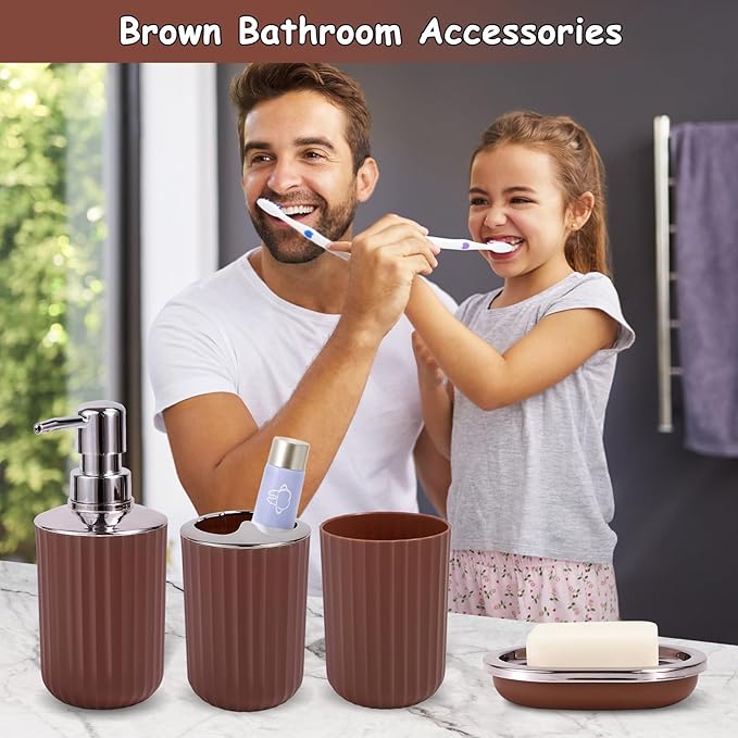24 PCS Brown Bathroom Accessories Set with Shower Curtain and Rugs, Bathroom Sets with Extra Soft and Absorbent Bath Rugs Shower Curtain Pink Bathroom Sets for Bath