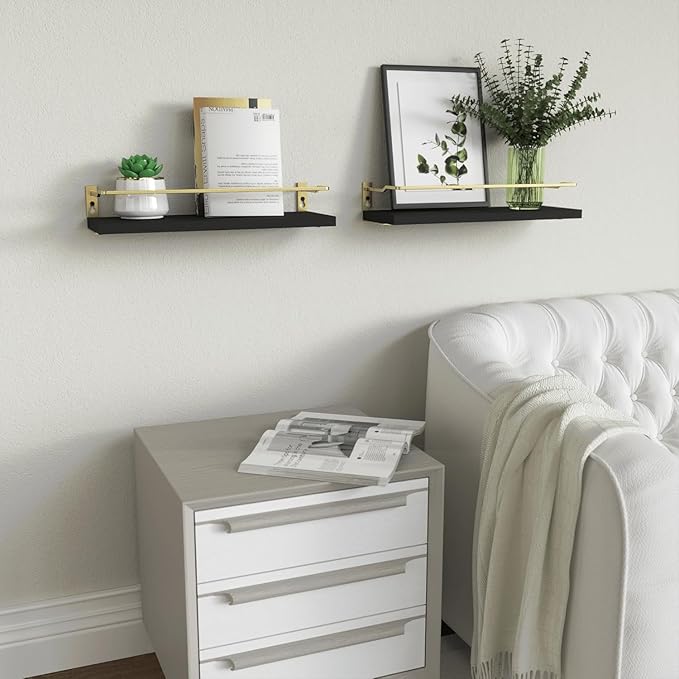 RICHER HOUSE Bathroom Floating Wall Shelf Set of 2 - Guard-Rail Small Wood Shelves for Decor, Over Toilet Storage, Kitchen Organizer - Black Gold