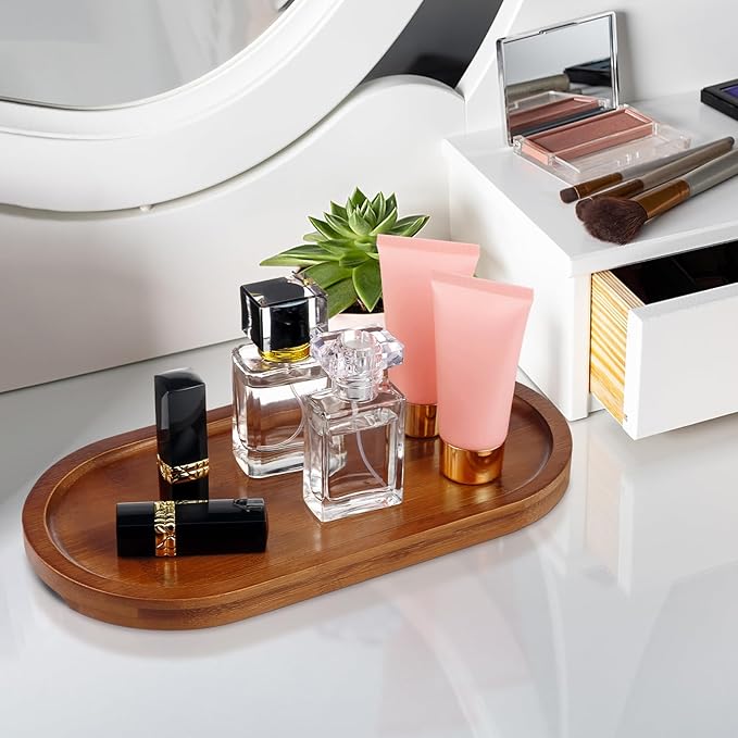 Bamboo Vanity Tray 11.4x6.3 inches, Decorative Vanity Tray for Bathroom Countertop Toilet Tank Farmhouse, Brown