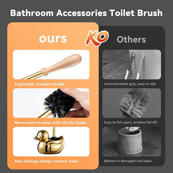 Duck Toilet Brush and Holder Set - Ceramic Bathroom Toilet Scrubber Brush Organizer with Wooden & Stainless SteelHandle, Gold Toilet Brush & Cute Duck Design for Bath Decor Storage