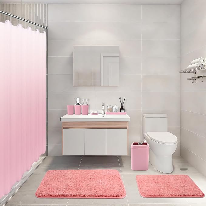Bathroom Accessory Set–Bathroom Sets with Shower Curtain and Rugs, Non Slip Bathroom Rugs Super Absorbent, Pink Ombre Waterproof Shower Curtain with Hooks, Pink Bathroom Sets Complete for Home