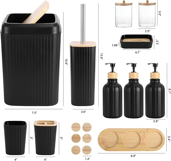 Black Bathroom Accessories Set 17PCS Bathroom Set with 3PCS Soap Dispenser Bathroom Accessory Set Black Trash Can for Bathroom Decor