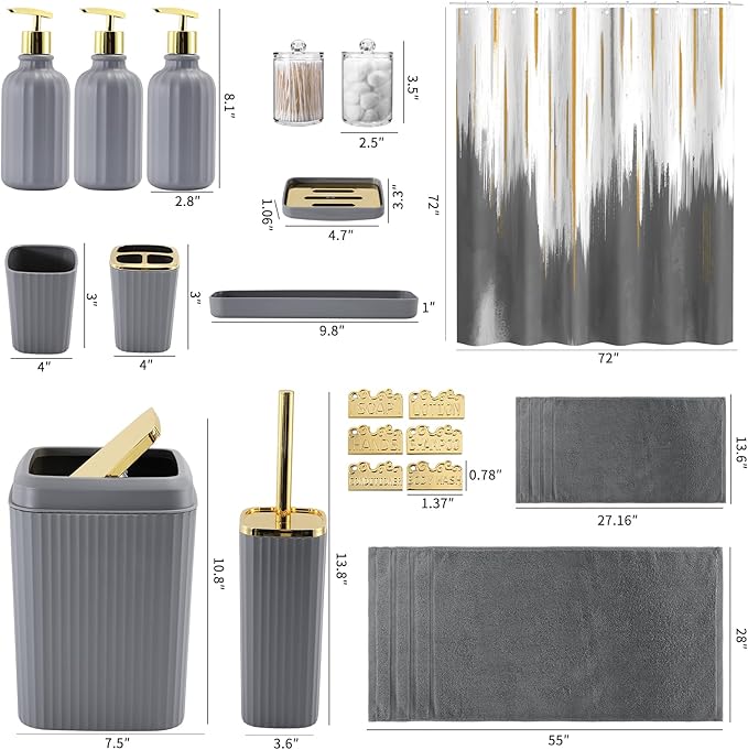32PC Bathroom Accessory Set Bathroom Accessories Set Grey Bathroom Set, Shower Curtain Set, 2 Piece Bath Towel Set, 3PC Soap Dispenser, Toilet Brush & Trash Can