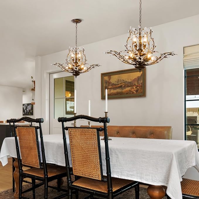 Vintage Farmhouse Chandelier 8-Light Crystal Branch Pendant Lights for Living Room Dining Room Porch Kitchen Island Bedroom Restaurant, Aged Bronze