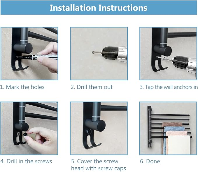 Space Saving Towel Rack JSVER Black Space Saving Towel Holder, Towel Rack Wall Mounted, Swivel Hand Towel Holder, 6-Arms Towel Bar, Towel Racks for Bathroom