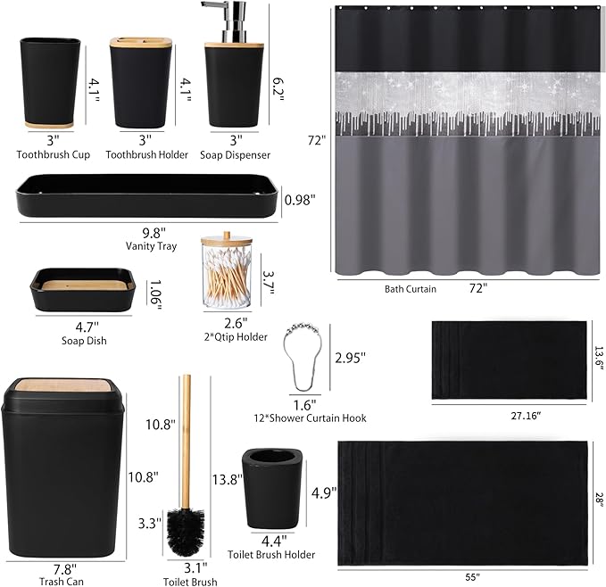 Bathroom Sets with Shower Curtain and Rugs,24PCS Black Bathroom Set Shower Curtain Set with Bathroom Trash Can Bathroom Accessories