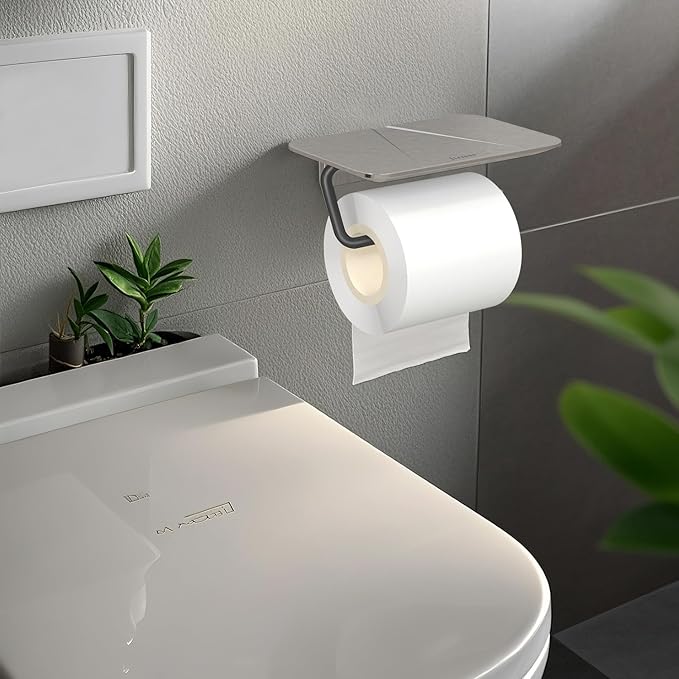 Toilet Paper Holder with Shelf, Stainless Steel Tissue Roll Holder Rust-Proof Brushed Nickel Finish, Adhesive or Wall-Mount with Screws for Bathroom Washroom