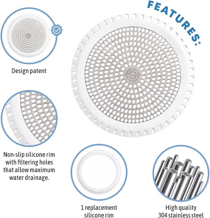 Shower Drain Hair Catcher – Ultra ShowerRing 5" Drain Cover for Flat & Domed Floors | Stainless Steel Hair Trap with Silicone Rim | High-Flow Strainer Prevents Clogs - White