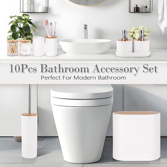 Bathroom Accessory Set,10 PCS White Bathroom Accessories Set with Trash Can, Toothbrush Holder, Soap Dispenser, Toothbrush Cup, Vanity Tray, Soap Dish, Toilet Brush, Qtip Holders