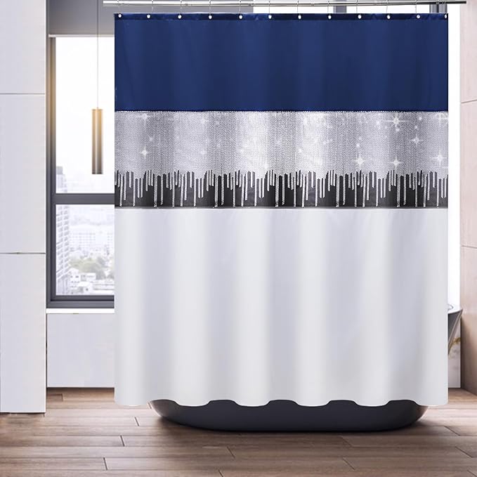 24PCS Bathroom Sets with Shower Curtain and Rugs, Navy Blue Bathroom Accessories Set Navy Blue Shower Curtain Set Bathroom Accessories with Bathroom Trash Can