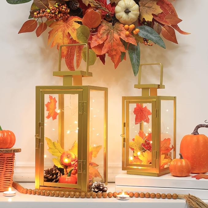 DECORKEY Fall Christmas Golden Decorations for Home, 17''&13'' Metal Candle Lanterns Decorative Outdoor&Indoor, Modern Hanging/Tabletop Candle Holders for Porch Patio Wedding Decor