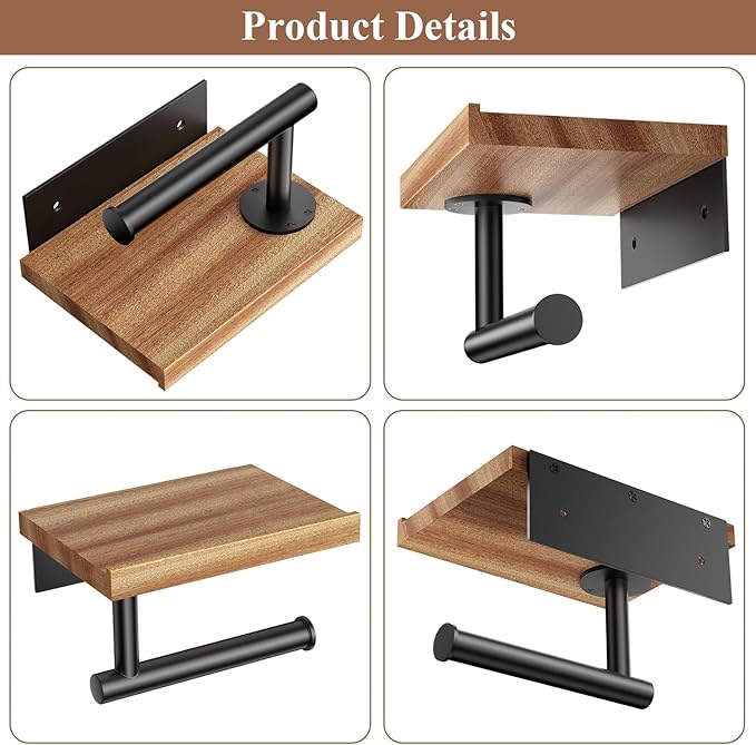 Tindbea Toilet Paper Holder with Wood Shelf, Wooden Wall Mount Tissue Paper Roll Holder, Matte Black Stainless Steel Bathroom Accessories Decor for Home (Sapele, Matte Black)