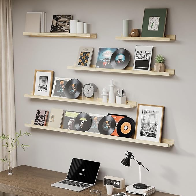 SAUMONIERES Picture Ledge Shelf Floating Book Shelves Set of 2 Wall Mounted Solid Wood for Bedroom Bathroom Living Room Kitchen, 55 Inch Natural