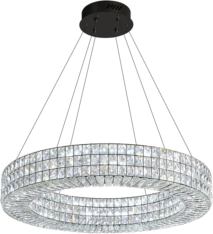 Dia 24" Modern Crystal Chandelier Black Ring Chandelier Adjustable Height Luxury Crystal Pendant Ceiling Light Fixture for Dining Living Room Bedroom