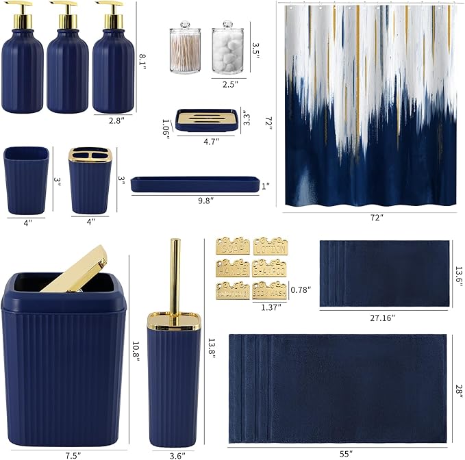 32PCS Bathroom Accessory Set Bathroom Accessories Set Navy Blue Bathroom Set, Shower Curtain Set, 2 Piece Bath Towel Set, 3PC Soap Dispenser, Toilet Brush & Trash Can