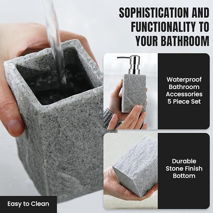 Bathroom Accessories Set - Soap Dispenser, Toothbrush Holder, Soap Dish, Toilet Brush & Toilet Brush Holder - Grey Stone Bathroom Accessories Set - Modern Bathroom Organizer Set (Silver)