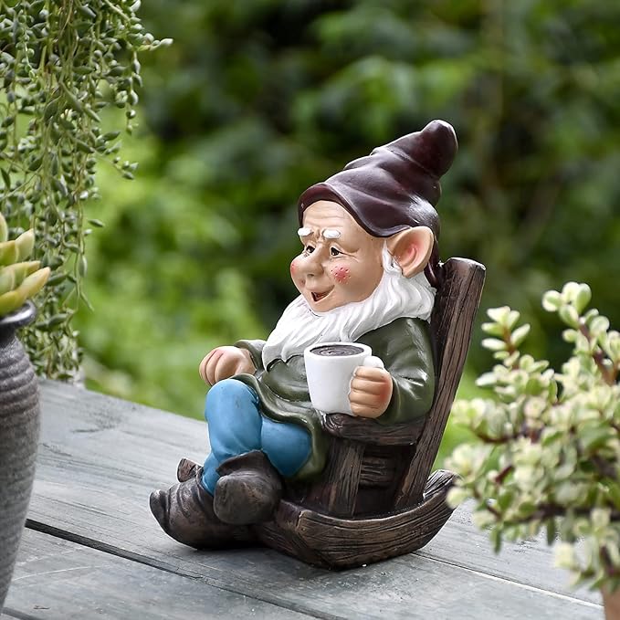 OwMell Drinking Coffee Garden Gnome Statue Decoration 7.3" Figurine Ornament for Indoor Outdoor Home Patio Yard Lawn - Coffee