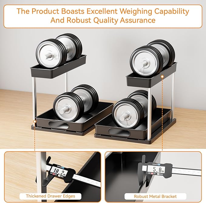 Yieach 2 Pack Under Kitchen Cabinet Storage,14.5 Inch Deep Black Under Sink Storage Rack for Apartments and Small Space,Two Tier Undersink Pull Out Organizer Drawers & Bathroom Cabinet Organization