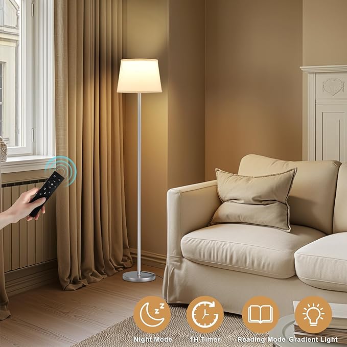 【Upgraded】Floor Lamps for Living Room, Modern Floor Lamp with Remote Control, Dimmable Colors Temperature Standing Lamp Foot Switch, 9W Bulb Tall Lamps for Bedroom Office Kid Room - Silver