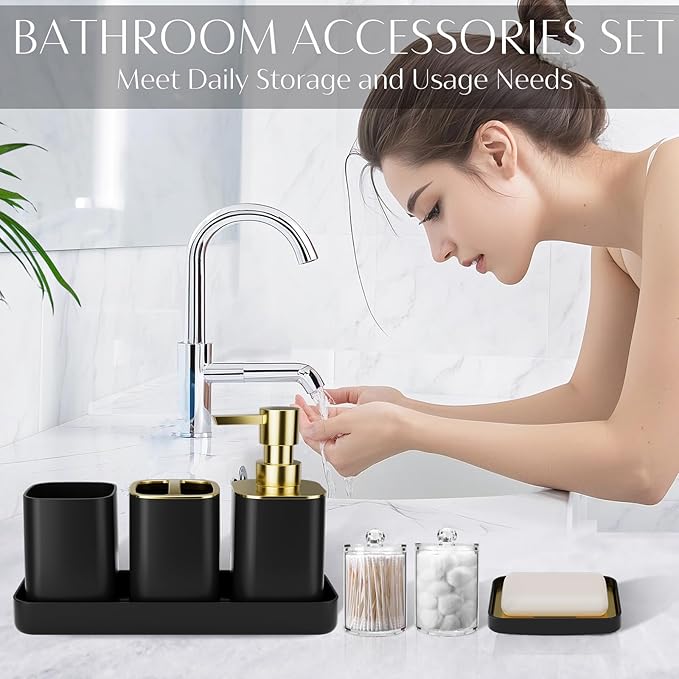 9PCS Bathroom Accessory Set, Black Bathroom Set with Large-Capacity 4 Gallon Trash Can, Bathroom Accessories Set Complete, Toothbrush Holder, Soap Dispenser, Toilet Brush, Bathroom Decor