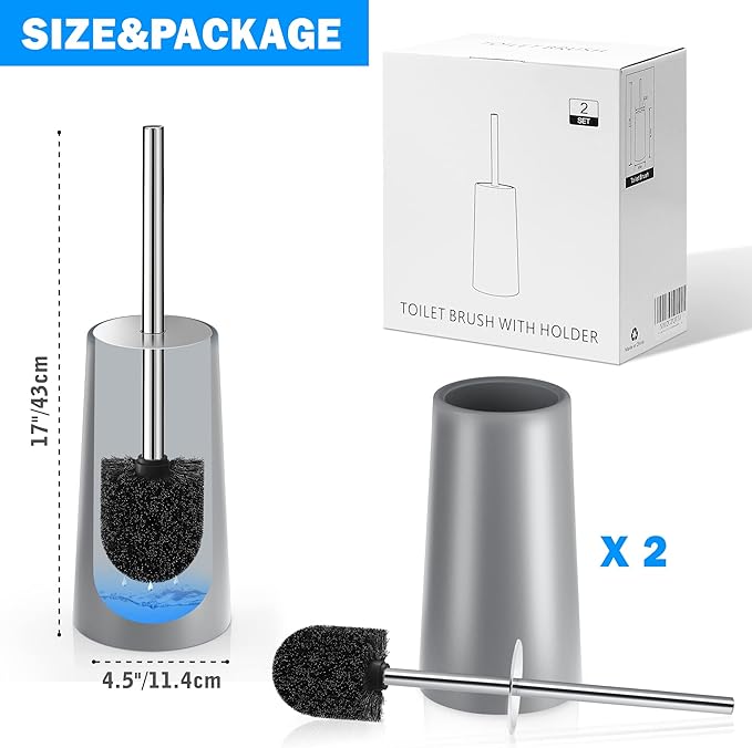 Toilet Brush and Holder, 2 Pack Toilet Brush with 304 Stainless Steel Long Handle, Toilet Bowl Brush for Bathroom Toilet-Ergonomic, Elegant,Durable (Grey)