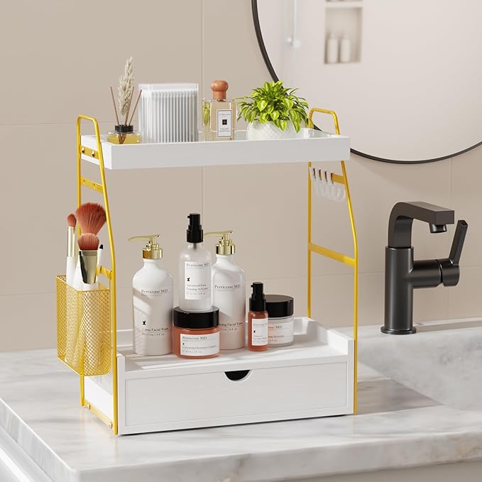 2 Tier Bathroom Counter Organizer with Drawer & Basket, Wooden Vanity Tray Countertop Shelf Accessories for Makeup Storage, Coffee Bar Station, Perfume Skincare, Kitchen, Bedroom (White)