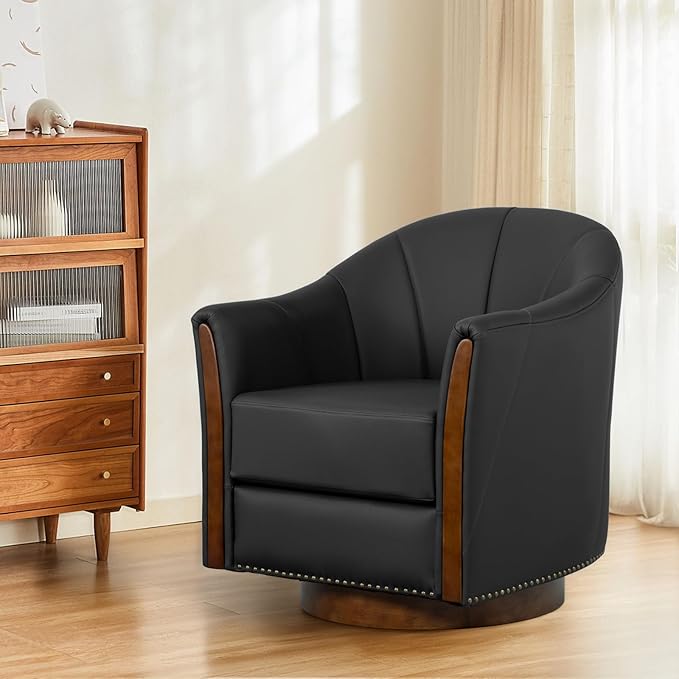 360° Swivel Accent Chair, Modern Leather Barrel Club Chair with PU Leather Upholstery and Sturdy Wood Base, Comfortable Armchair for Living Room, Bedroom, Reading Nook, Black