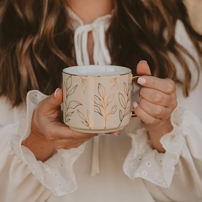 Sweet Water Decor Gold Leaves Mug with Gold Handle, 14oz Fine Bone China Coffee Cup for Tea, Latte, or Hot Cider, Autumn Leaf Drinkware, Fall Decorations for Kitchen, Gift for Mom, Sister & Wife