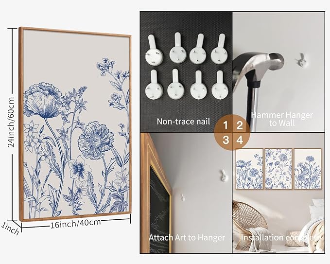 Tinonedraw Large Classic Chinoiserie Flower Framed Canvas Wall Art Set, Navy Blue and White Floral Wall Decor, Minimalist Neutral Botanical Art Printing for Living Room Bedroom Office Dorm 16"x24"x3