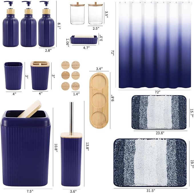 32PCS Bathroom Sets with Shower Curtain and Rugs Navy Blue Shower Curtain Set 3PCS Soap Dispenser Bathroom Accessories with Bathroom Trash Can