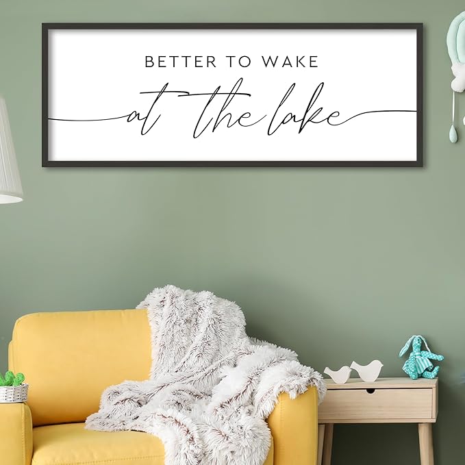 SRSZHIYUE Better To Wake At The Lake Wall Decor Above Bed Sign 40"×15" for Lake House Bedroom Over Bed Large Wood Framed Wall Hanging Art (Black)