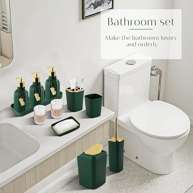 17PCS Bathroom Accessory Set Bathroom Set Hunter Green Bathroom Accessories,Toilet Brush, Trash Can, Qtip Holder Dispenser& 3PCS Soap Dispenser