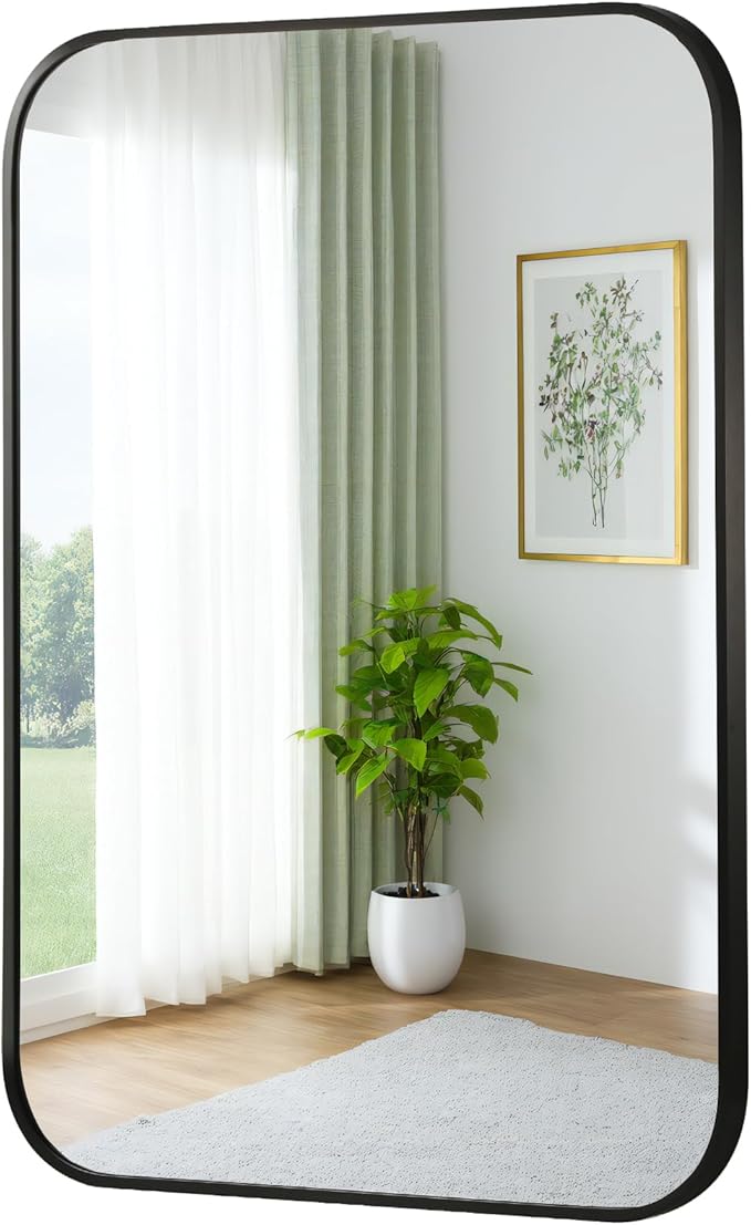 FARMER 20x30 Inch Black Bathroom Mirror, Rectangle Vanity Mirror, Brushed Mirrors for Wall, Metal Frame Hanging Mirror with Round Corner for Bedrooms, Entryways, Living Rooms, Horizontal/Vertical