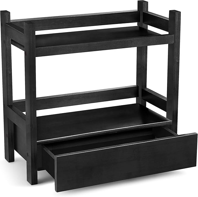 Sorbus Bamboo Bathroom Counter Organizer – 2-Tier Shelf with Hidden Drawer for Vanity, Matcha Station, Bathroom Sink Organizer Countertop, Kitchen & Office Storage (13″ L x 6.5″ W x 12.6″ H) (Black)