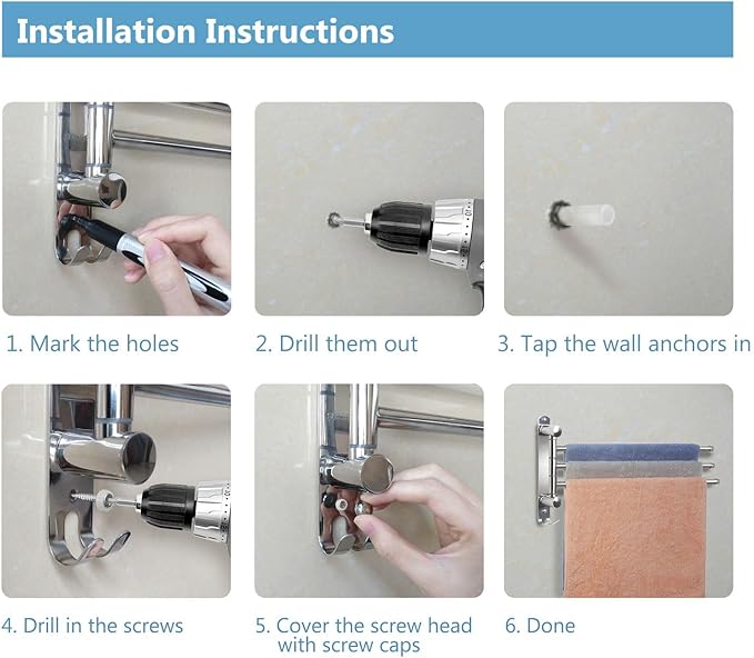 Towel Rack Wall Mounted JSVER 3 Arms Bathroom Towel Rack, 180° Rotation Space Saving Towel Holder for Bathroom