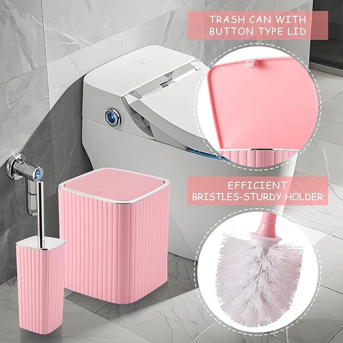 Pink Bathroom Accessories Set - Gorgeous Bathroom Set, 10PC Bathroom Accessory Set, Toilet Brush, Trash Can, Qtip Holder Dispenser & Soap Dispenser
