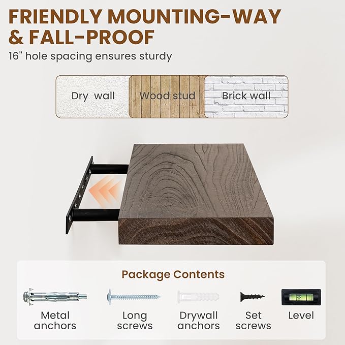 55" Floating Shelves for Wall, Rustic Elm Wood Floating Shelf for Home Decor, Wall-Mounted Display Shelves with Heavy-Duty Bracket, Long Floating Shelf for Bathroom, Kitchen, Living Room, Walnut Color