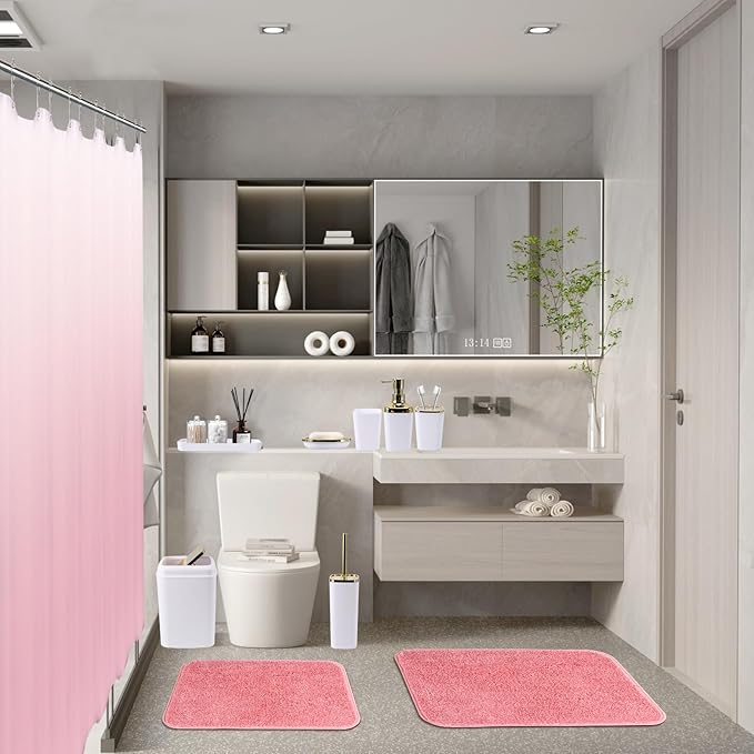 24Pcs White Bathroom Set with Shower Curtain and Rug and Accessories, White Bathroom Accessories with Trash Can,Soap Dispenser,Soap Dish,Toilet Brush,Toothbrush Holder and Cup,Q-Tip Holders