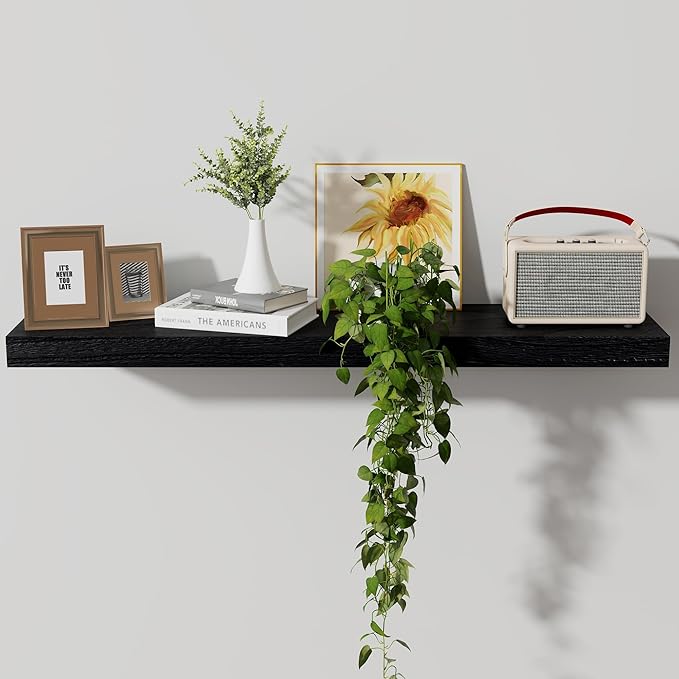 Axeman Floating Shelves, 8 Inch Deep Modern Solid Wood Wall Shelves for Storage, Wall Mounted Display Shelving with Invisible Heavy-Duty Metal Bracket, 36" W x 8" D x 1.6" H, Distressed Black
