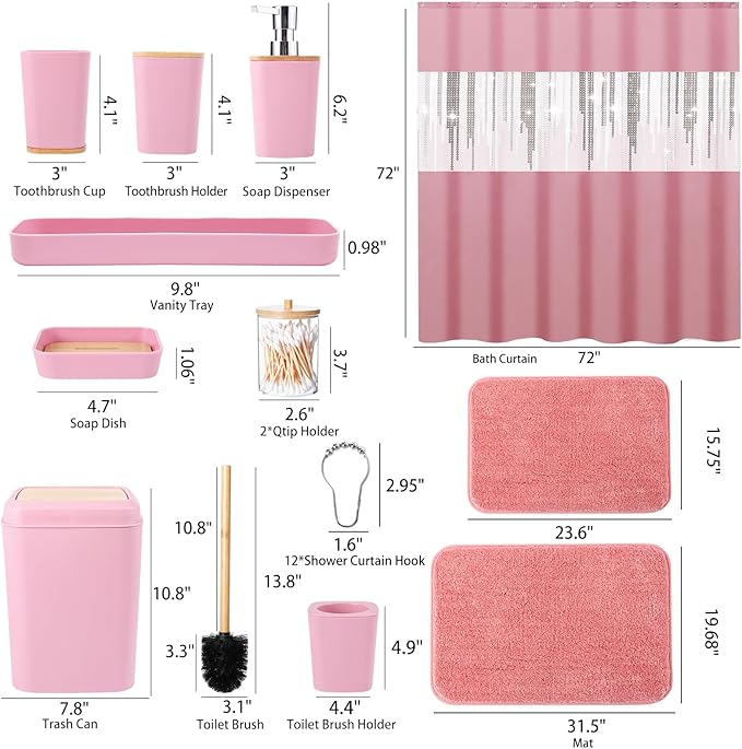 Pink Bathroom Accessories Set with Glitter Shower Curtain and Rugs,Bathroom Sets with Extra Soft and Absorbent Bath Rugs Sequin Shower Curtain Pink Bathroom Sets for Bath Decor