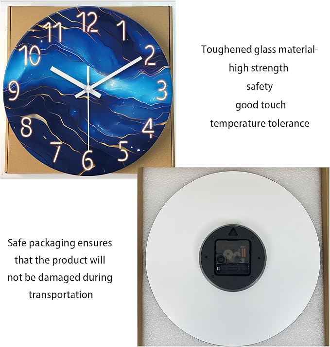 Small Wall Clocks Battery Operated 12 Inch Blue Marble Wall Clock for Kitchen Glass Analog Silent Wall Clock Non Ticking