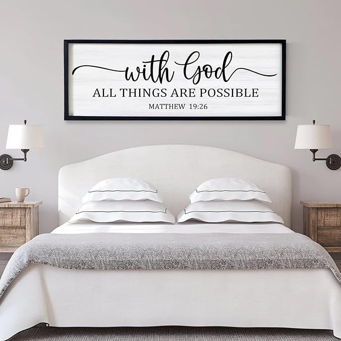 With God All Things are Possible Framed Wall Art, 40''×15'' Black Positive Religious Rustic Bible Verse for Christian God Jesus Christ Prayer, Holy Horizontal Inspirational Catholic Scripture Decor