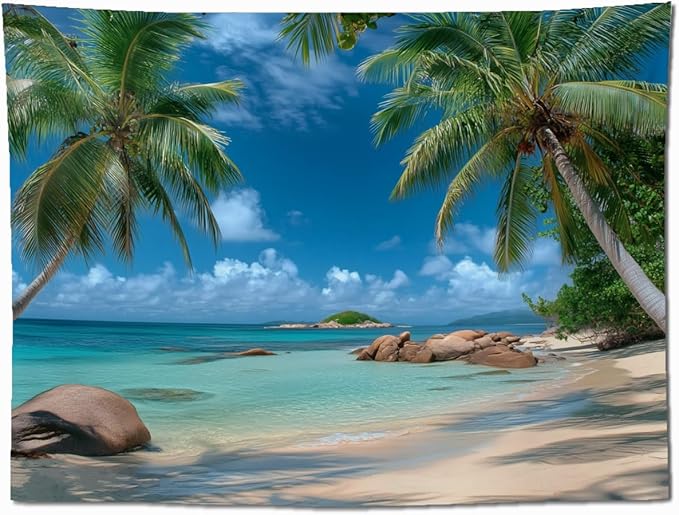 keowhsf Beach Summer Ocean Tapestry – Tropical Palm Trees Wall Hanging Decor with Blue Sky and Seaside Scenery, Nature Landscape Tapestry for Bedroom Living Room Dorm