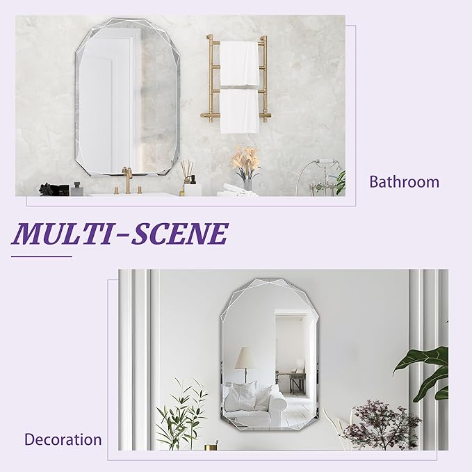 Bathroom Mirror for Wall, 30" x 40" Arched Mirror, Bathroom Vanity Mirrors, Beveled Edge Frameless Wall Mount Vanity Mirror, Wall Mirror Decorative, Irregular Beveled Edge Mirror