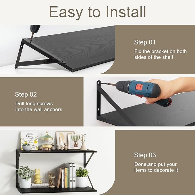 12 Inch Deep Floating Shelves, 30W x 12D Wall Shelves with Brackets, Black Floating Shelves 30 Inch Long, Rustic Wood Wall Shelf, Wide Storage Display Shelf for Kitchek, Living Room, Bathroom