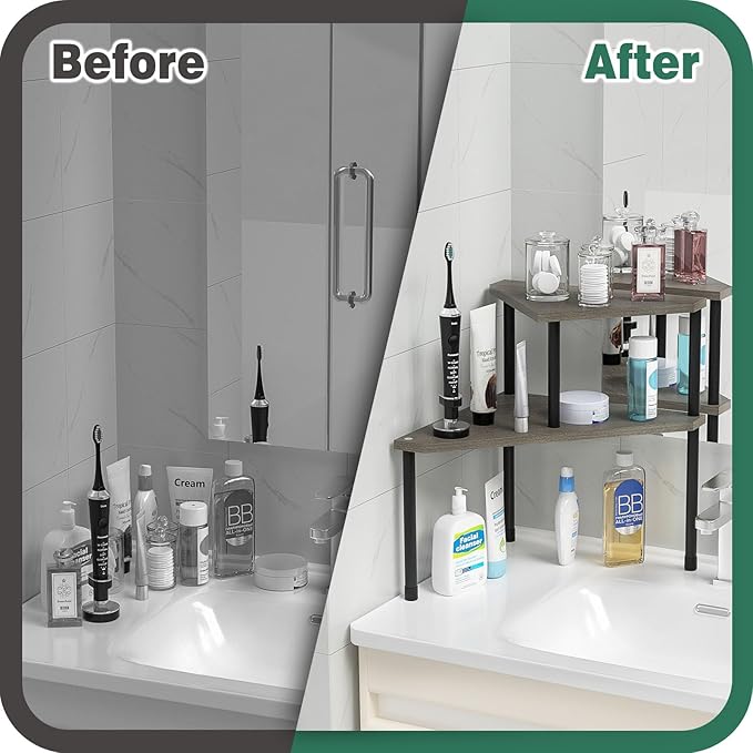 Weenson Bathroom Counter Organizer Over Sink Organizer for Toiletries, Makeup, Kitchen Countertop Organizer Spice Rack for Salt, 2-Tier Corner Counter Shelf for Coffee Area Storage(Rustic Grey)