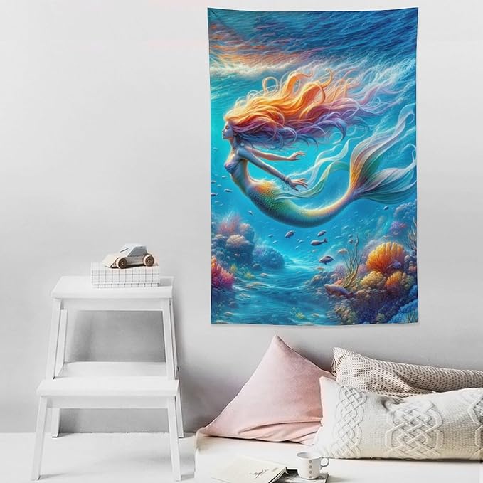 Mermaid Tapestry Ocean Tapestries Coastal Fabric Wall Hanging Aesthetic Space Indoor Outdoor Wall Art Tablecloth Bedspread Decoration for Girl’s Bedroom Dormitory Living Room Home Decor 40"x60"