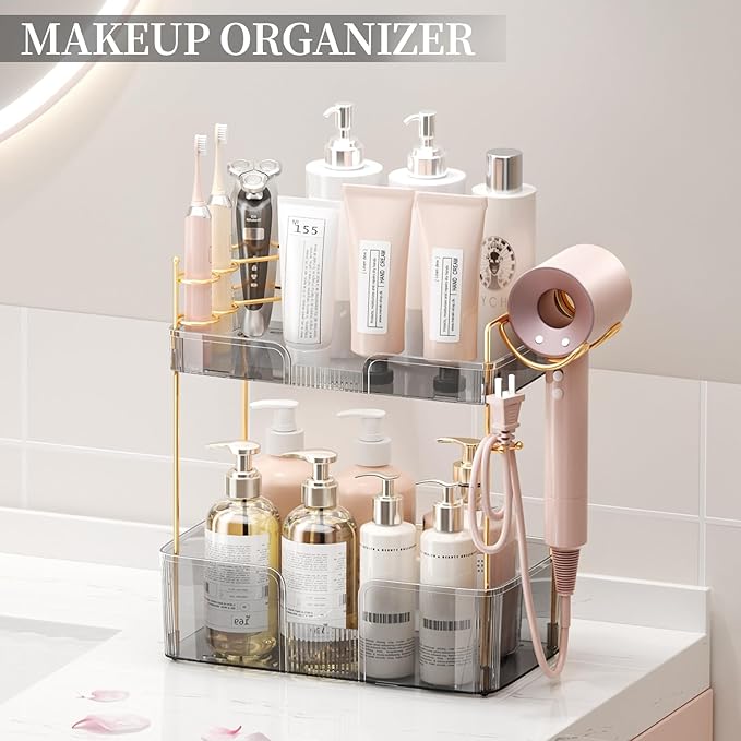 Bathroom Counter Organizer with Hair Dryer Holder, Hair Tool Countertop Storage, Cosmetics Skincare Shelf Organizer, Makeup Organizer Perfume for Dresser Vanity Tray(2 Tier-Grey)